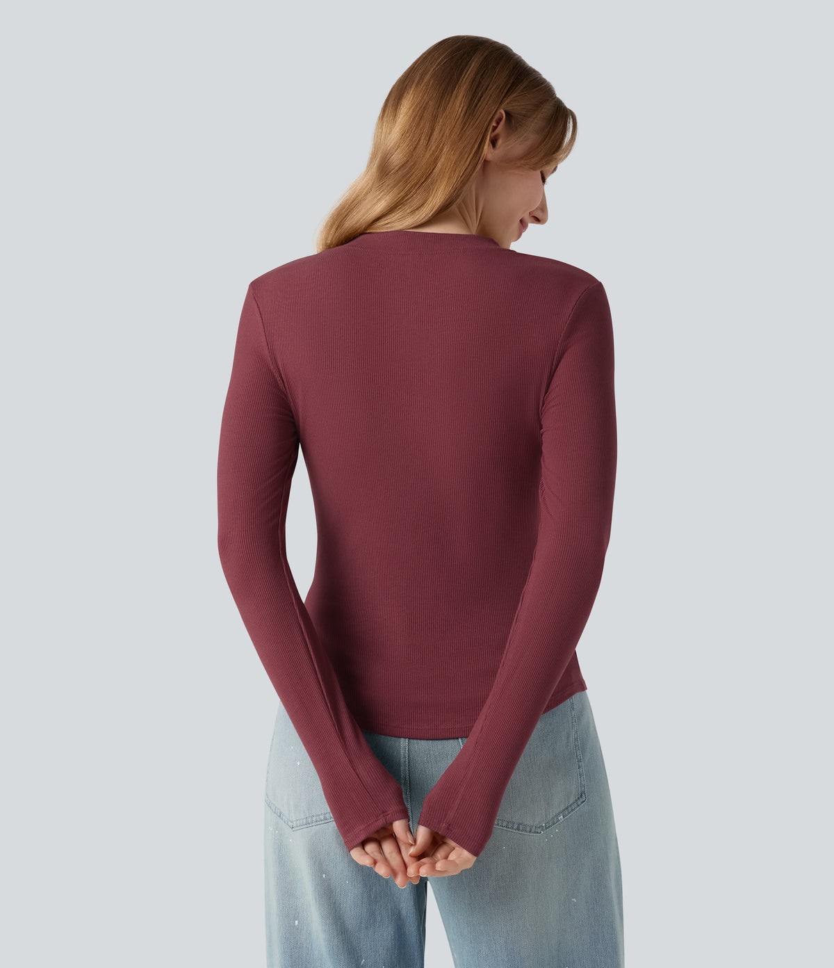 Ribbed Knit Henley Neck Long Sleeve Casual Top — Ruby Wine — view 3
