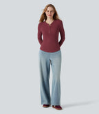 Ribbed Knit Henley Neck Long Sleeve Casual Top — Ruby Wine — view 8