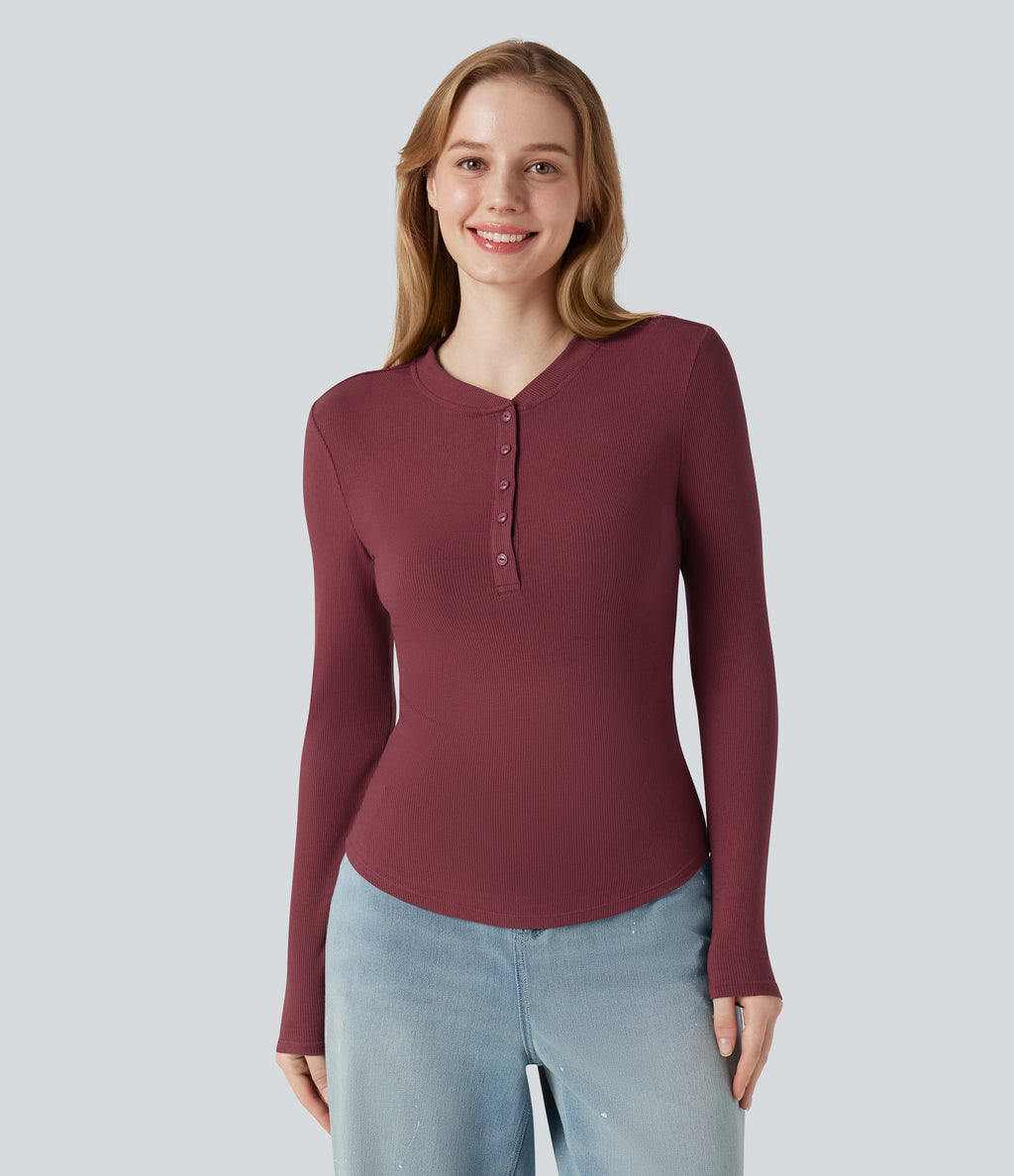 Ribbed Knit Henley Neck Long Sleeve Casual Top — Ruby Wine — view 7