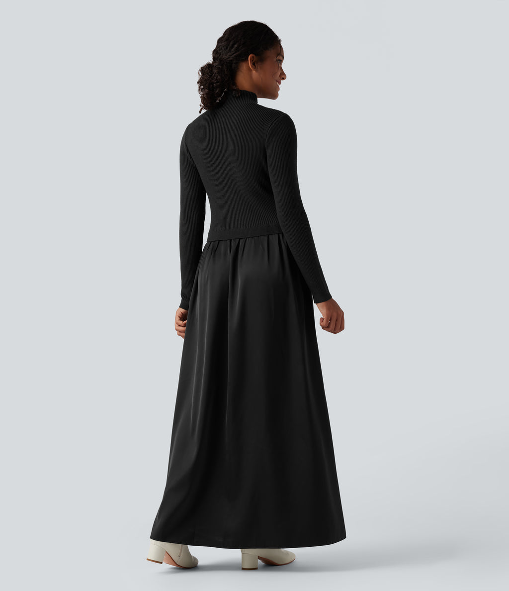 Mock Neck Long Sleeve Maxi Work Jumper Dress — Black — view 6