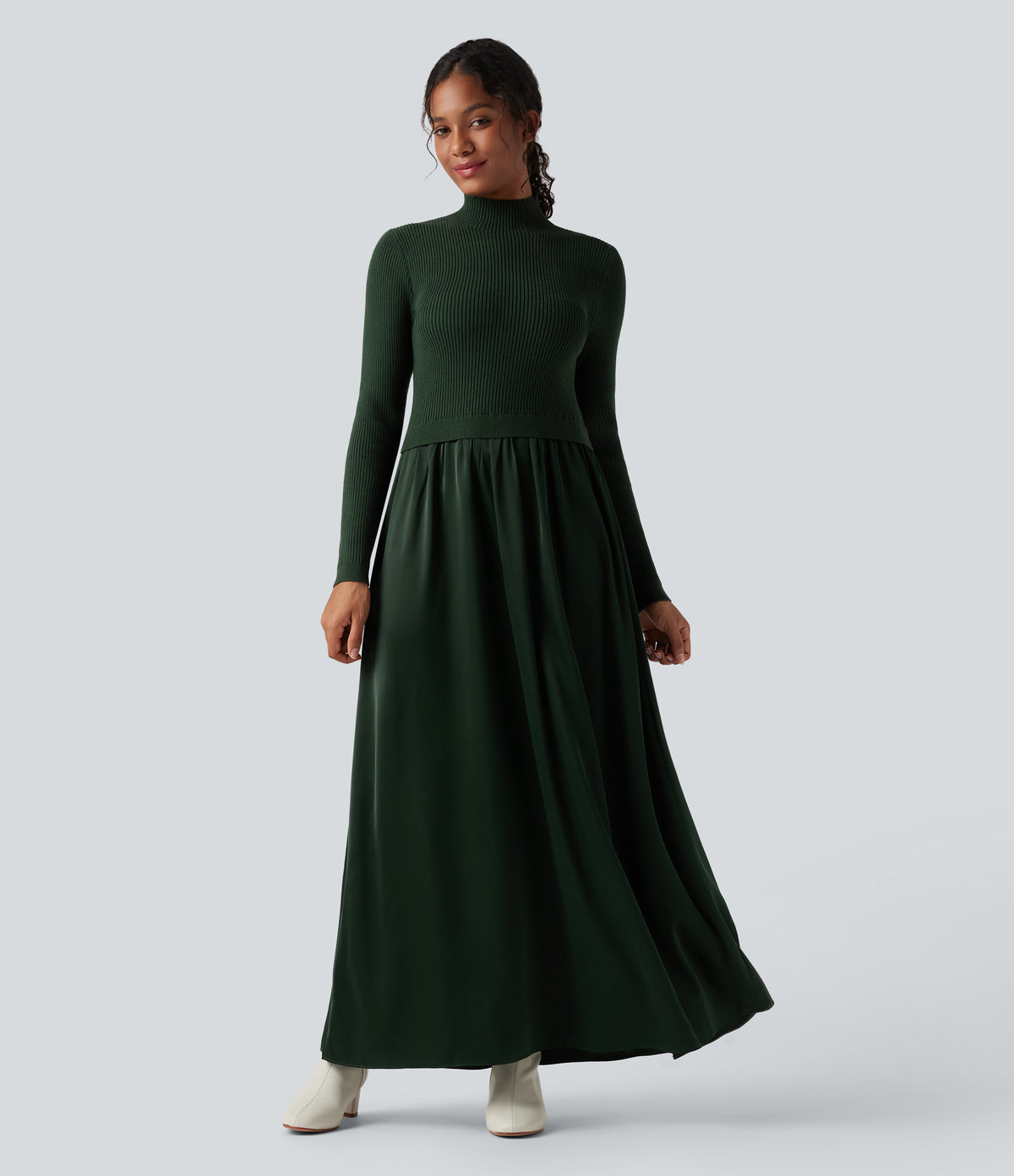 Mock Neck Long Sleeve Maxi Work Jumper Dress — Mossy Forest — view 2