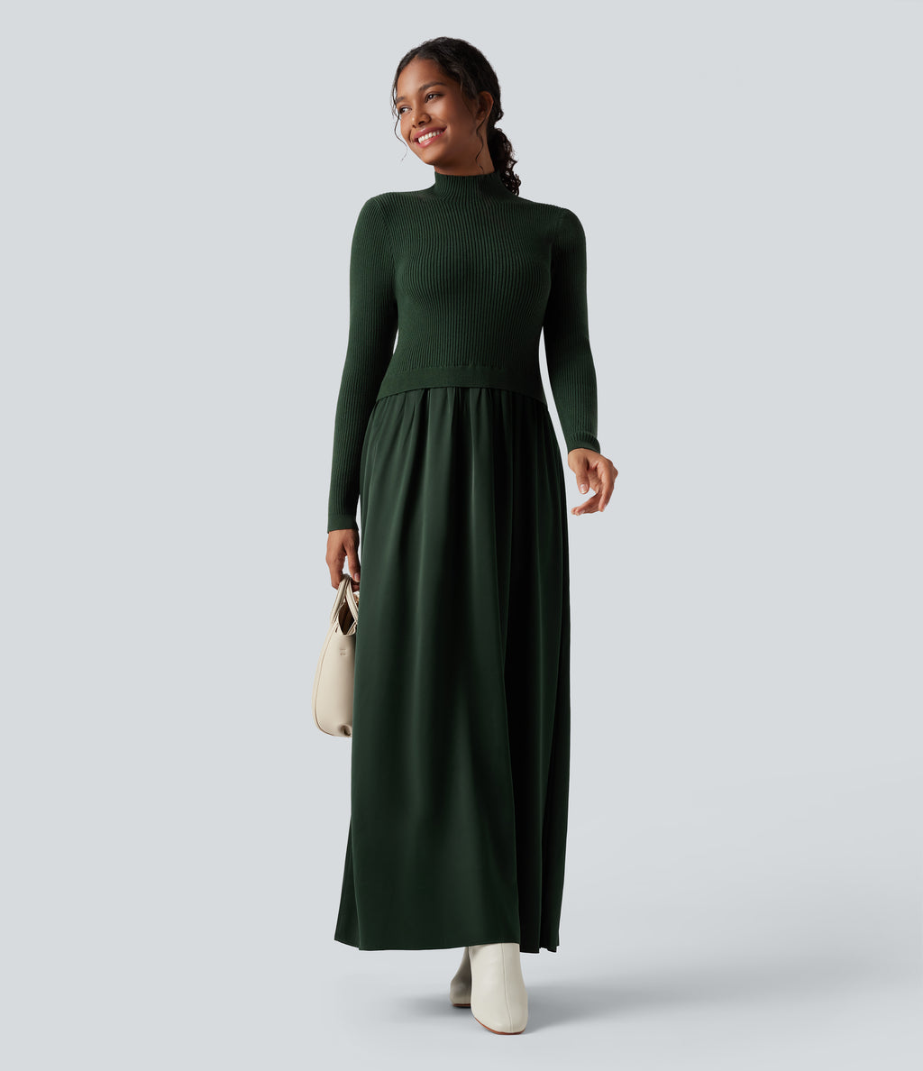 Mock Neck Long Sleeve Maxi Work Jumper Dress — Mossy Forest — view 5