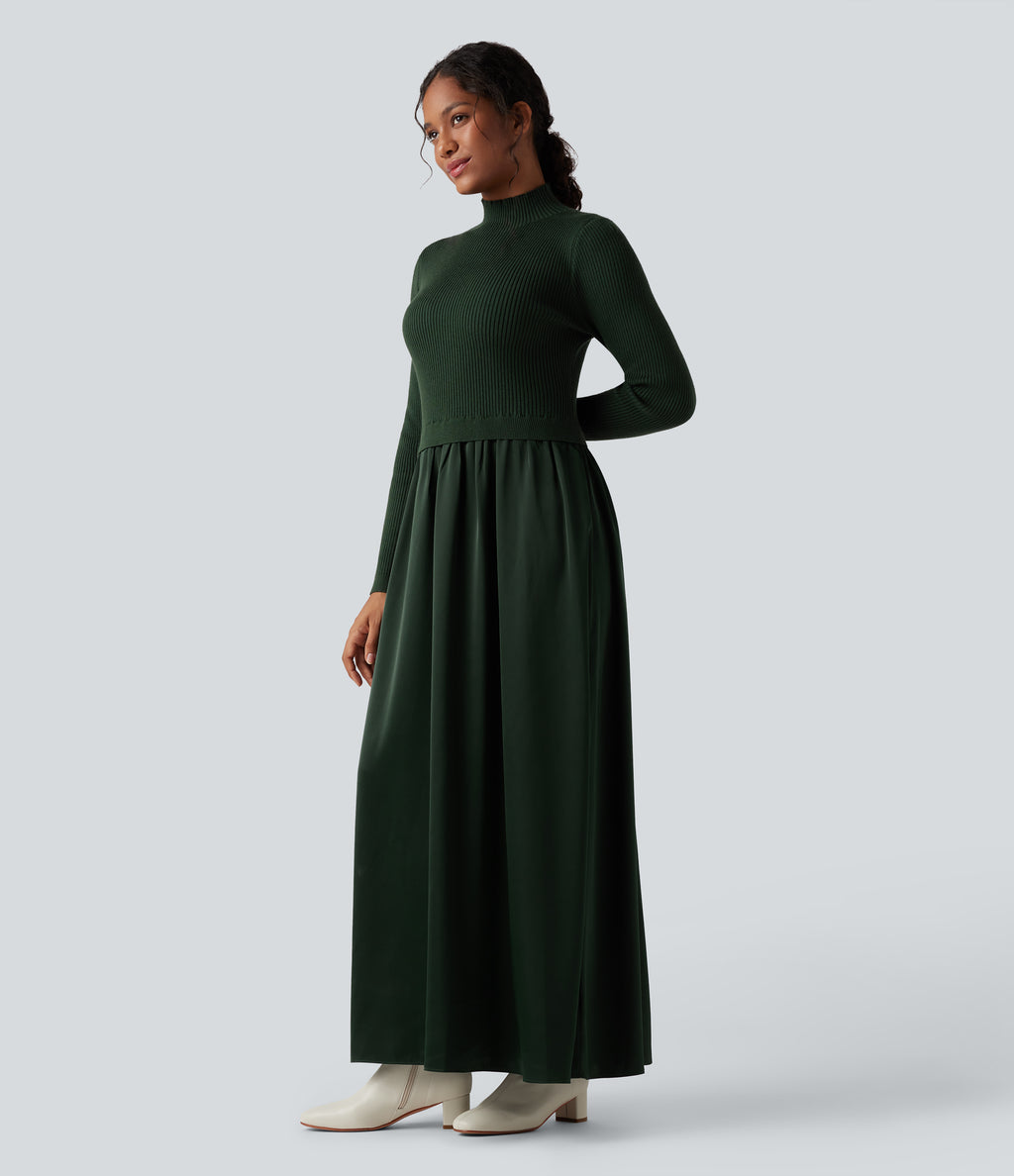 Mock Neck Long Sleeve Maxi Work Jumper Dress — Mossy Forest — view 3