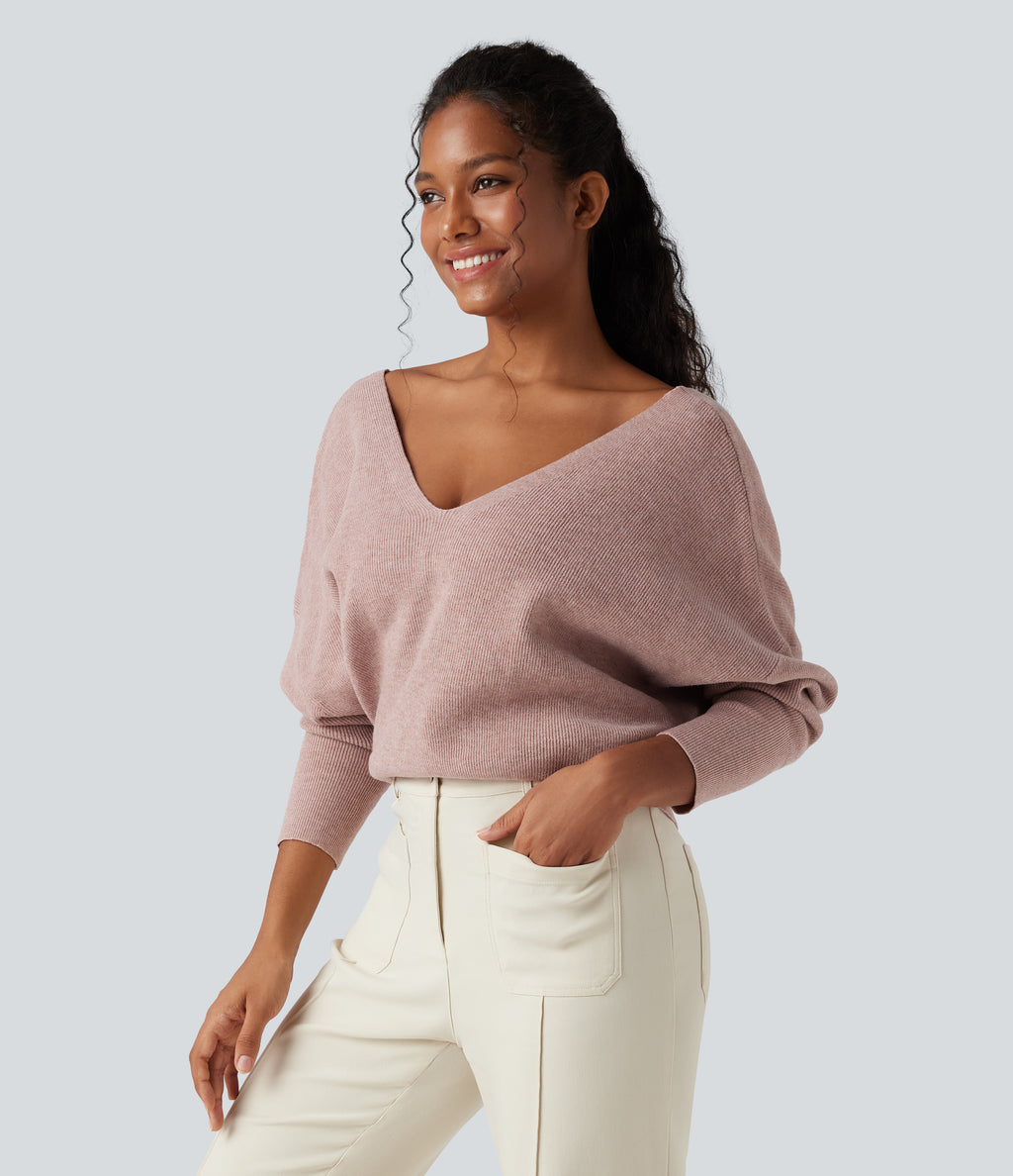 V Neck Long Sleeve Casual Jumper-Front and Back Wearable — Adobe Rose — view 5
