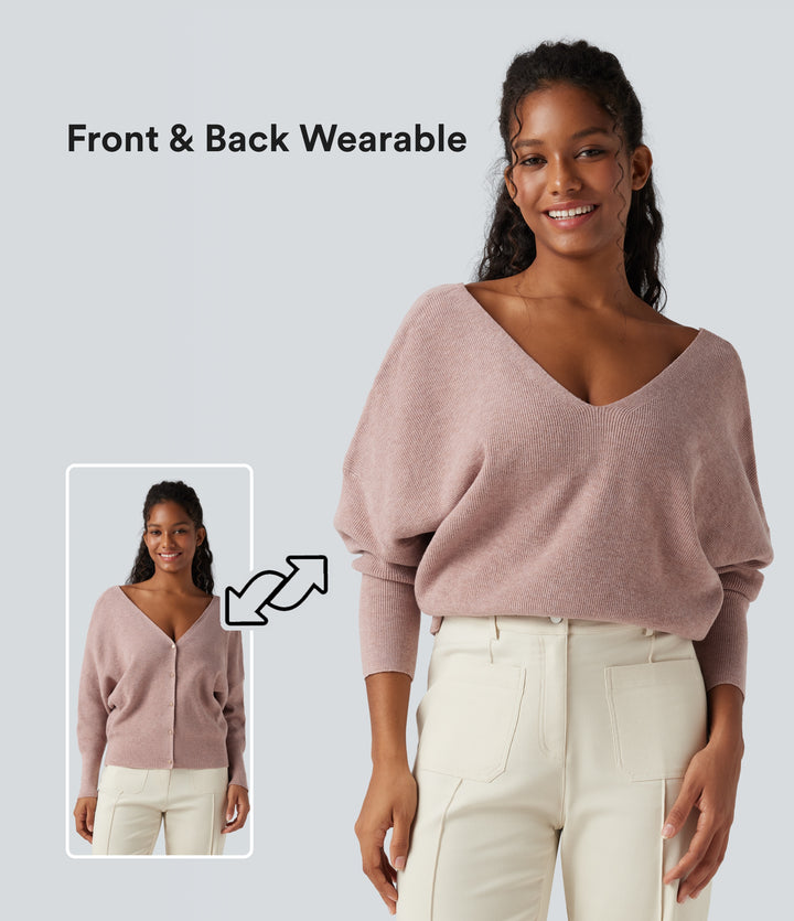 V Neck Long Sleeve Casual Jumper-Front and Back Wearable — Adobe Rose — view 1