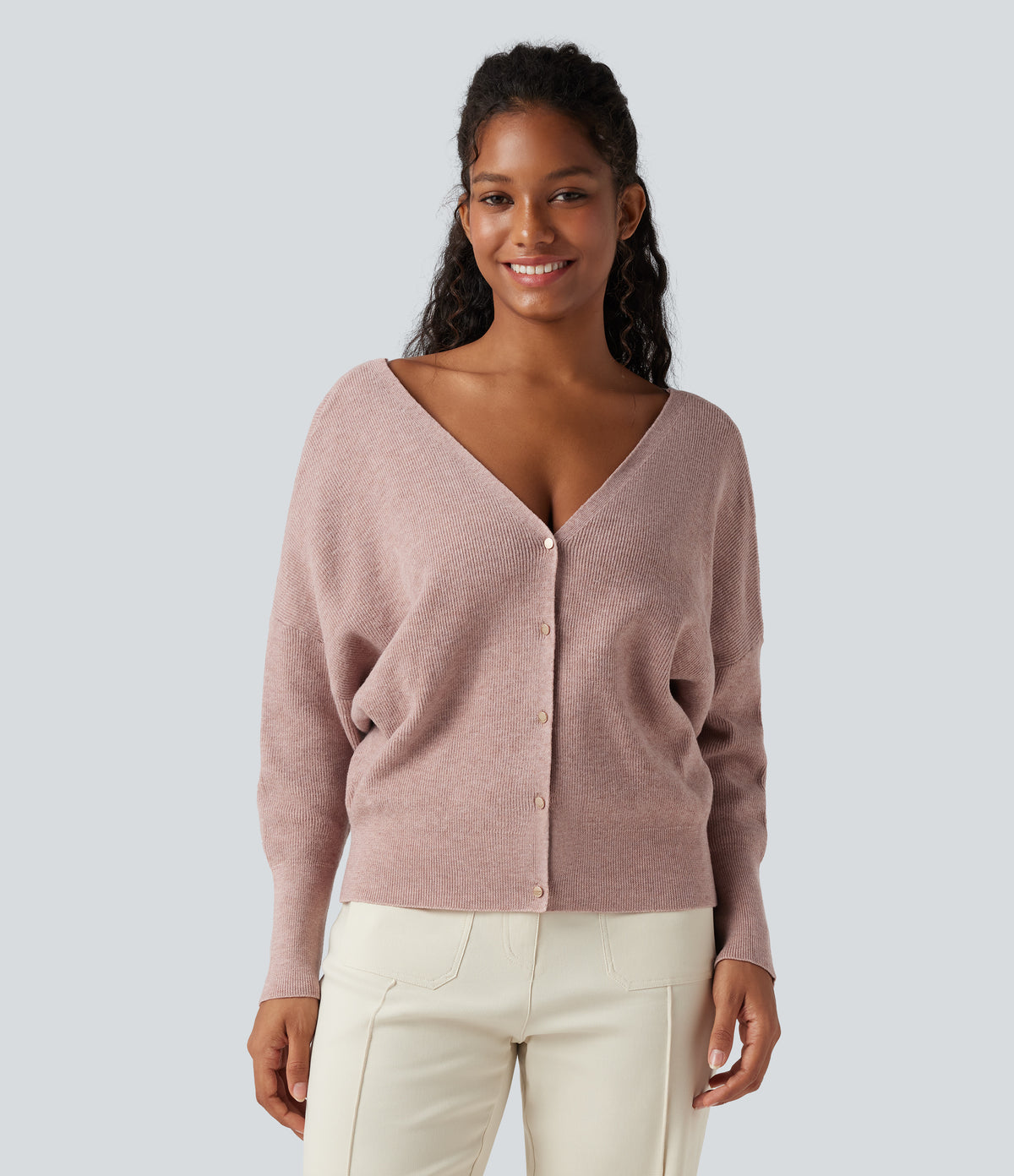 V Neck Long Sleeve Casual Jumper-Front and Back Wearable — Adobe Rose — view 2