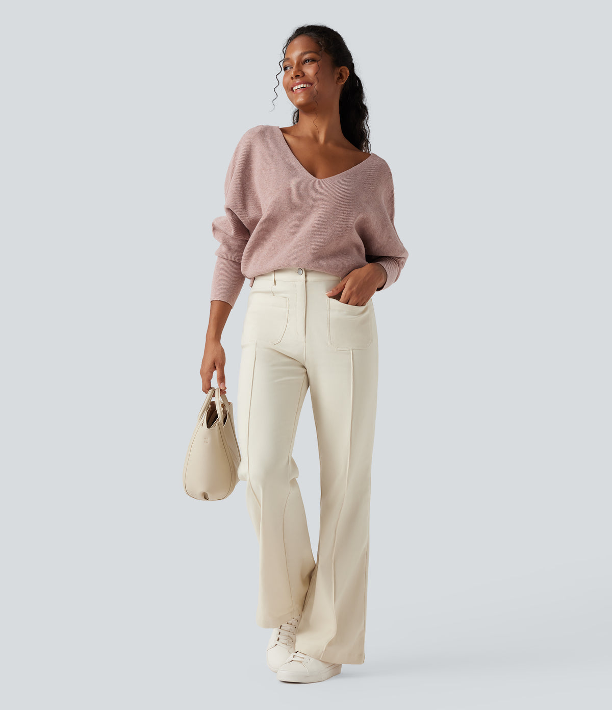 V Neck Long Sleeve Casual Jumper-Front and Back Wearable — Adobe Rose — view 8