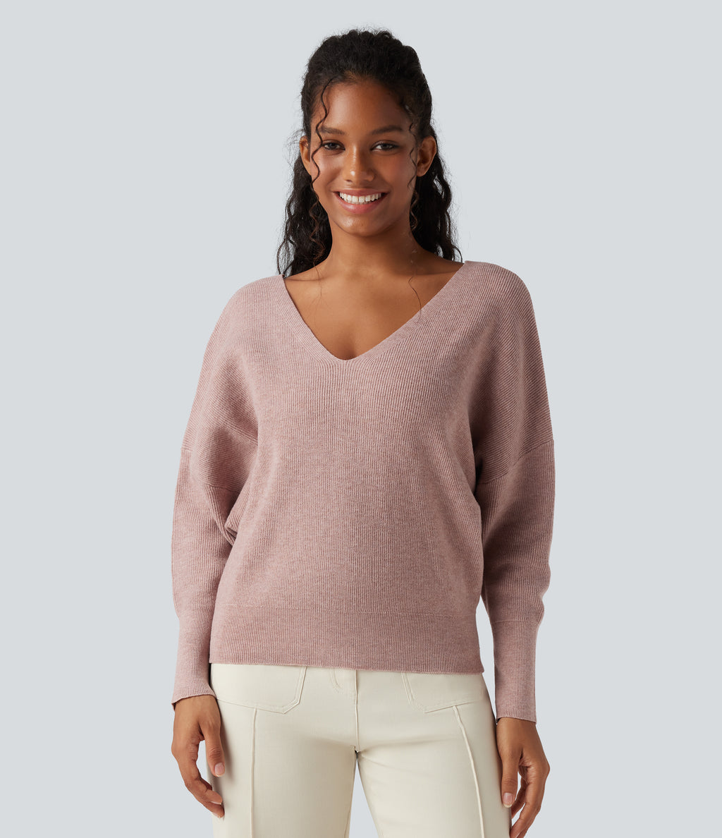 V Neck Long Sleeve Casual Jumper-Front and Back Wearable — Adobe Rose — view 7