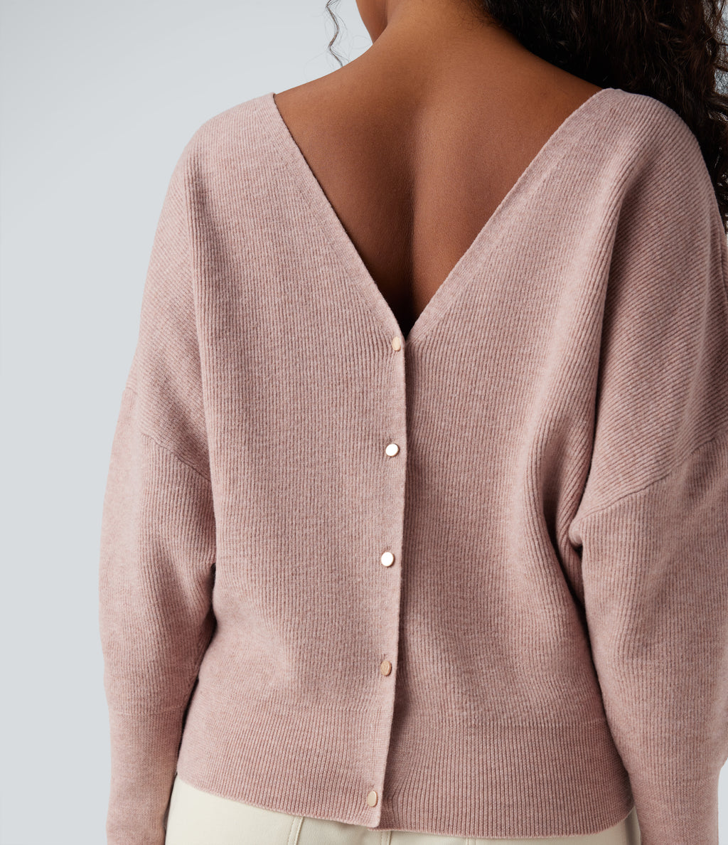 V Neck Long Sleeve Casual Jumper-Front and Back Wearable — Adobe Rose — view 6