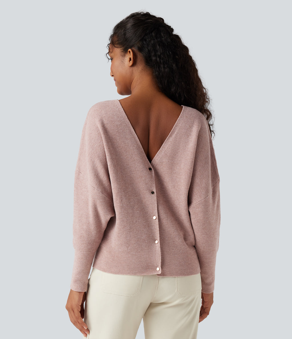V Neck Long Sleeve Casual Jumper-Front and Back Wearable — Adobe Rose — view 3