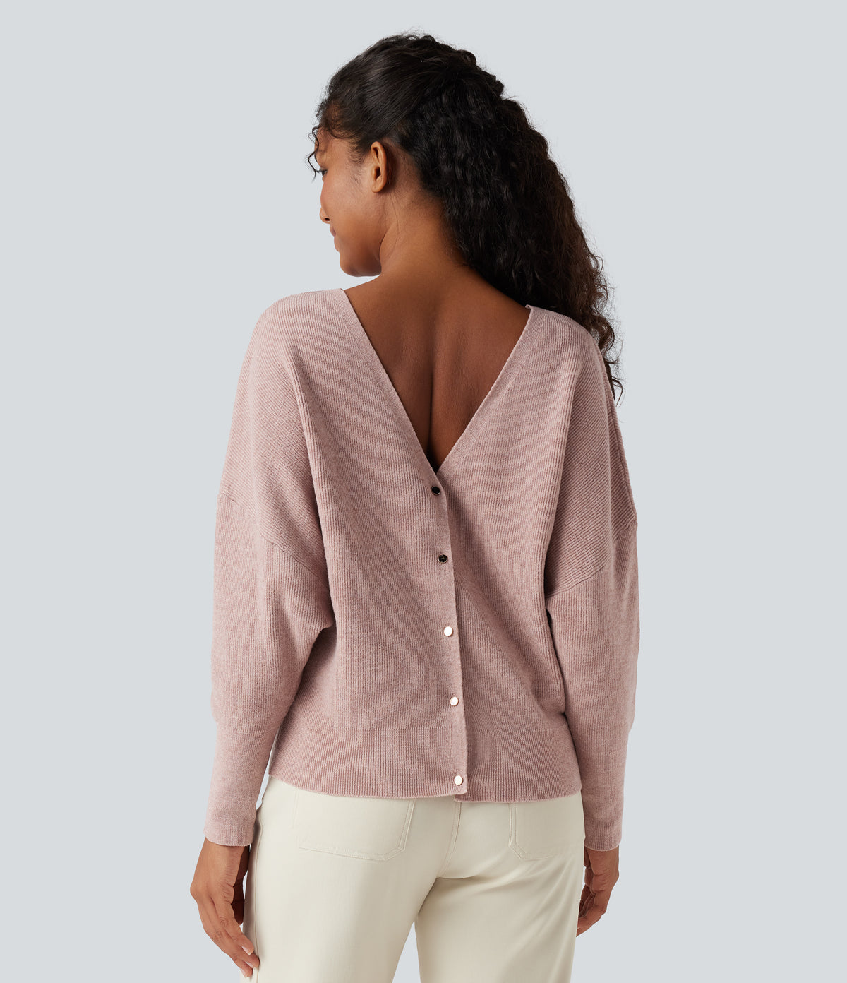 V Neck Long Sleeve Casual Jumper-Front and Back Wearable — Adobe Rose — view 3