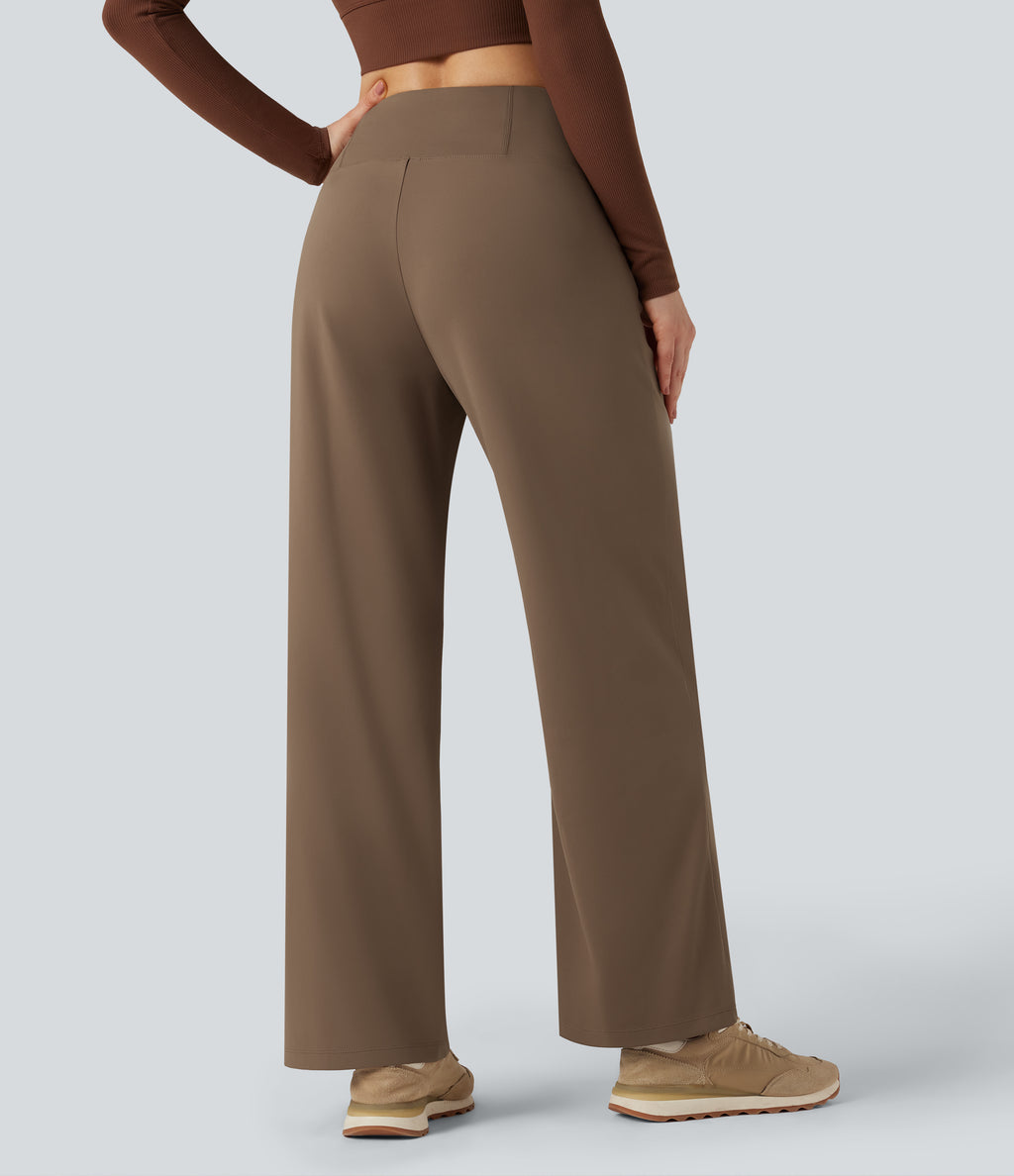 High Waisted Tummy Control Wide Leg Yoga Trousers with Pockets — Reddish Brown — view 2