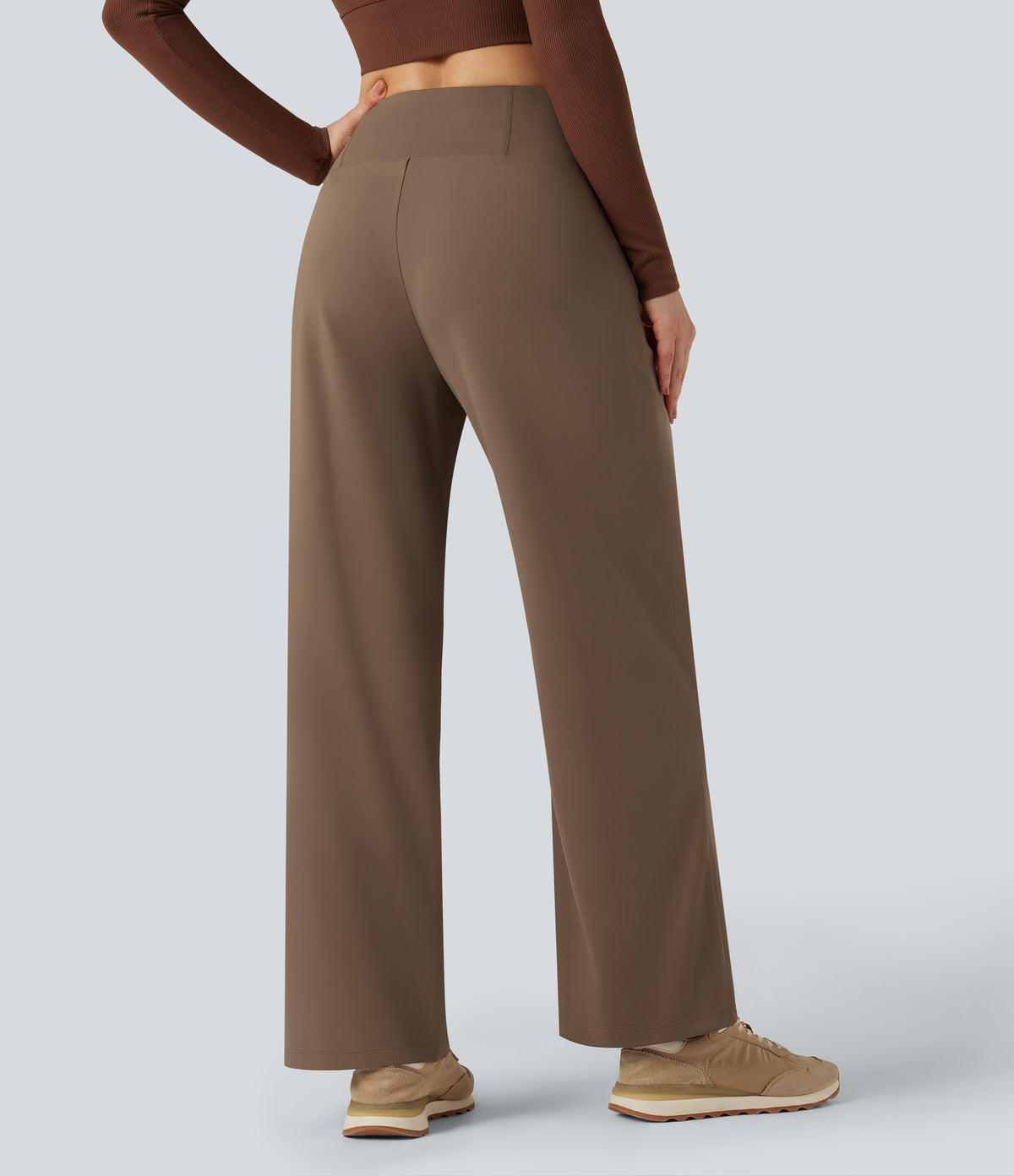 High Waisted Tummy Control Wide Leg Yoga Trousers with Pockets — Reddish Brown — view 2