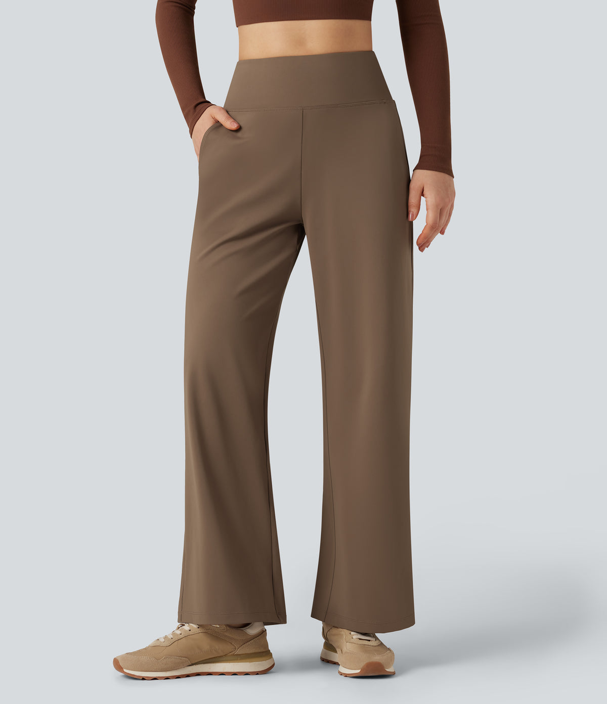 High Waisted Tummy Control Wide Leg Yoga Trousers with Pockets — Reddish Brown — view 3