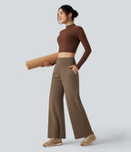 High Waisted Tummy Control Wide Leg Yoga Trousers with Pockets — Reddish Brown — view 7
