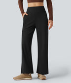 High Waisted Tummy Control Wide Leg Yoga Trousers with Pockets — Black — view 8