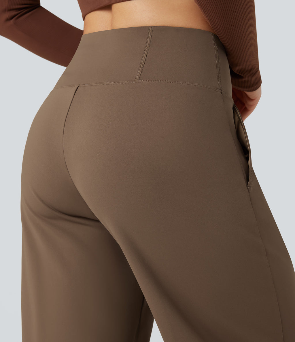 High Waisted Tummy Control Wide Leg Yoga Trousers with Pockets — Reddish Brown — view 6