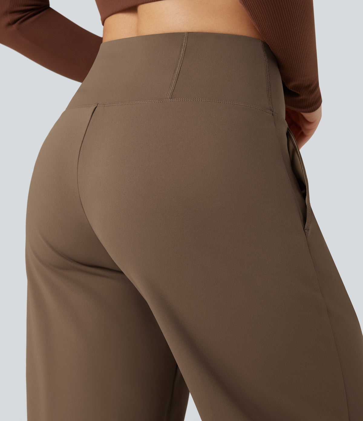 High Waisted Tummy Control Wide Leg Yoga Trousers with Pockets — Reddish Brown — view 6