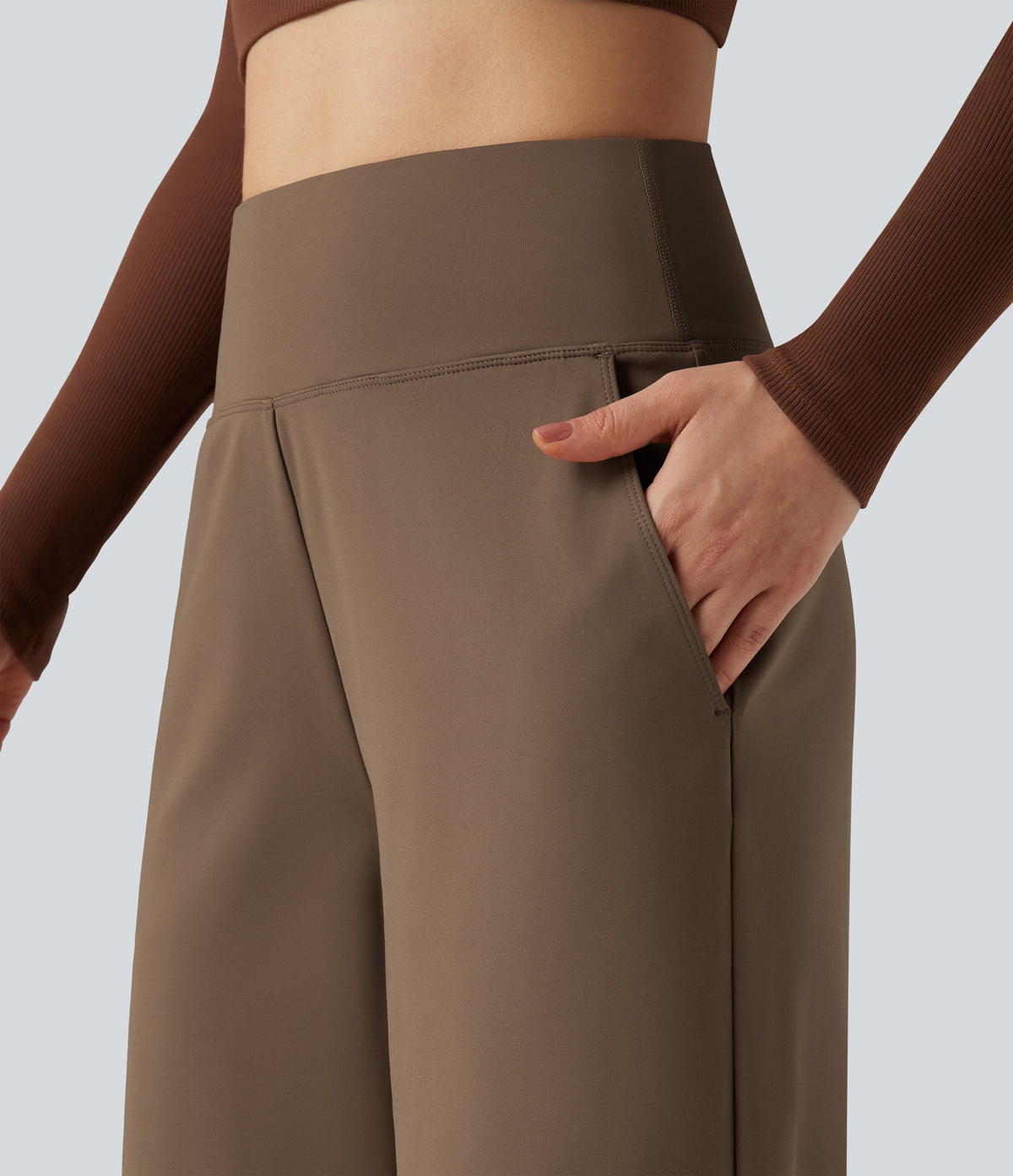 High Waisted Tummy Control Wide Leg Yoga Trousers with Pockets — Reddish Brown — view 4