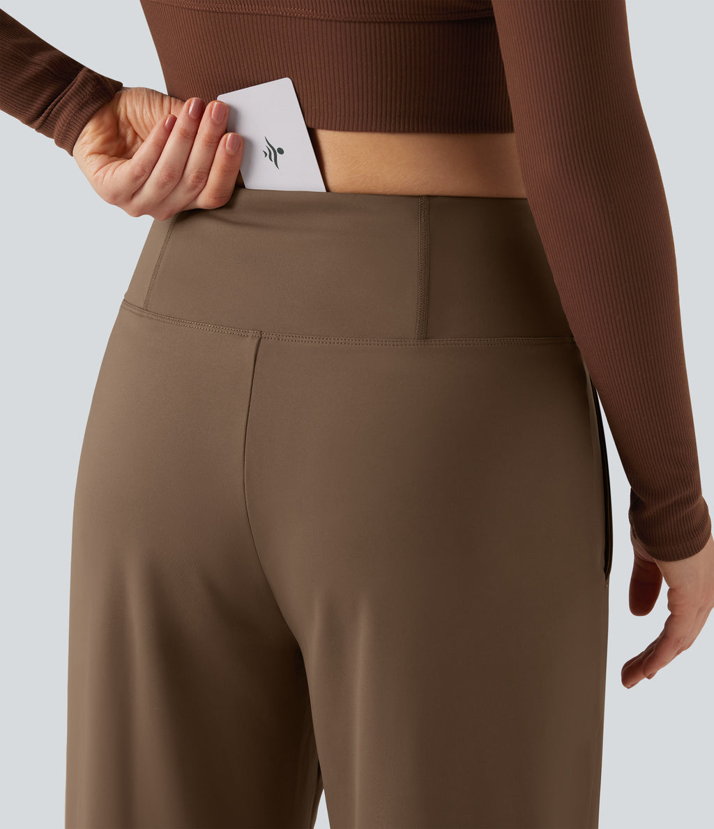 High Waisted Tummy Control Wide Leg Yoga Trousers with Pockets — Reddish Brown — view 5