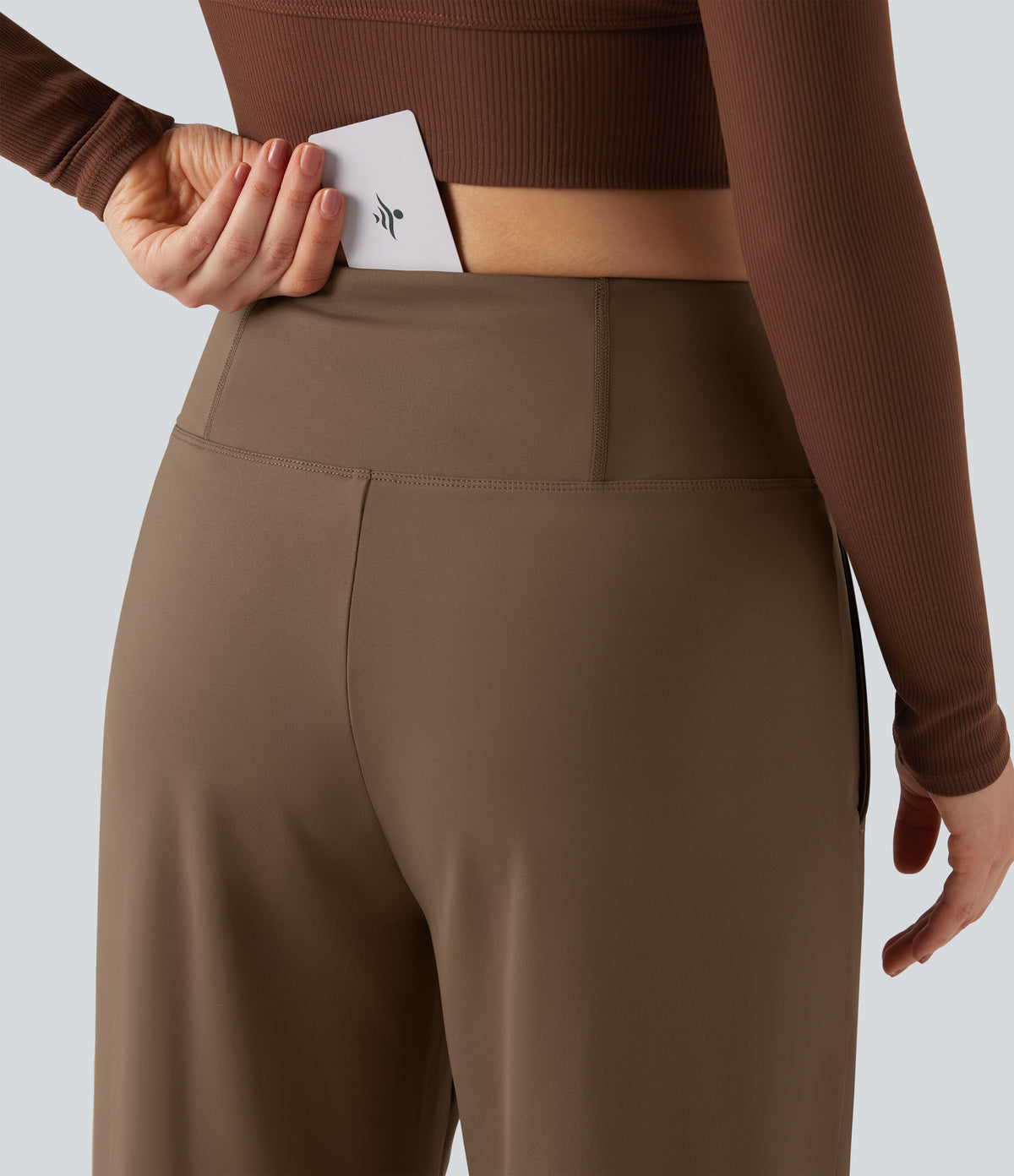 High Waisted Tummy Control Wide Leg Yoga Trousers with Pockets — Reddish Brown — view 5