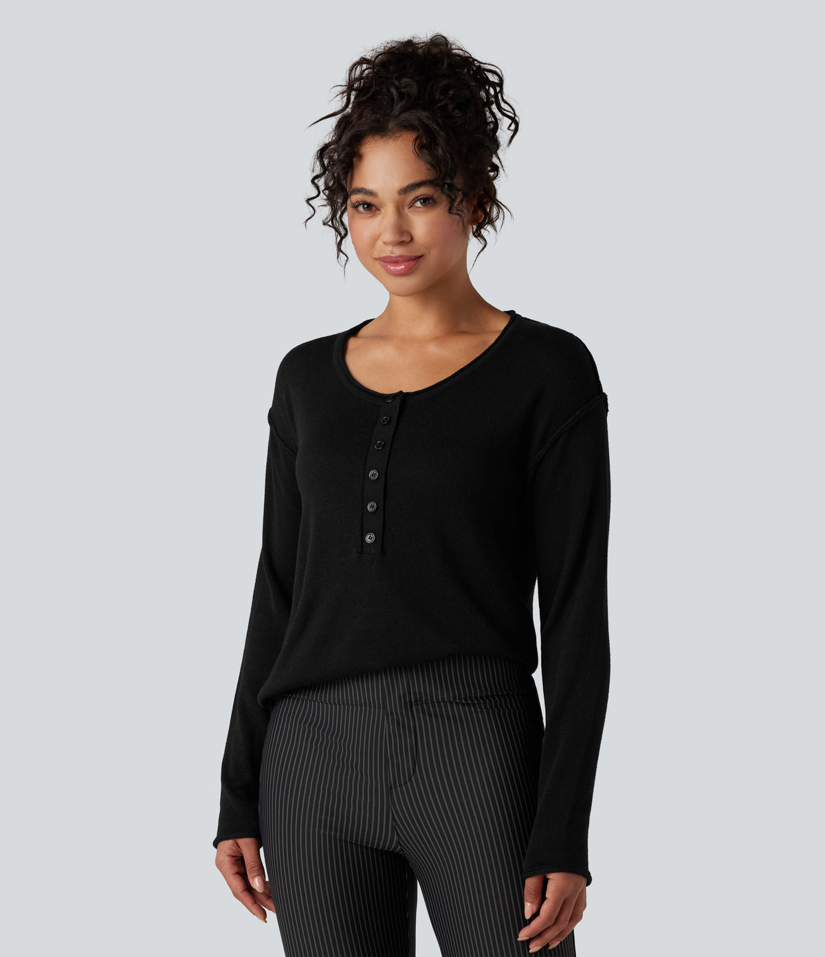 Henley Neck Long Sleeve Work Jumper — Black — view 9