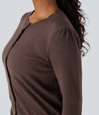 Round Neck Scallop Hem Long Sleeve Casual Cardigan — Deep Mahogany — view 5