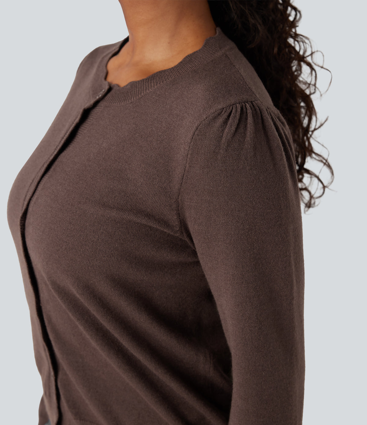 Round Neck Scallop Hem Long Sleeve Casual Cardigan — Deep Mahogany — view 5