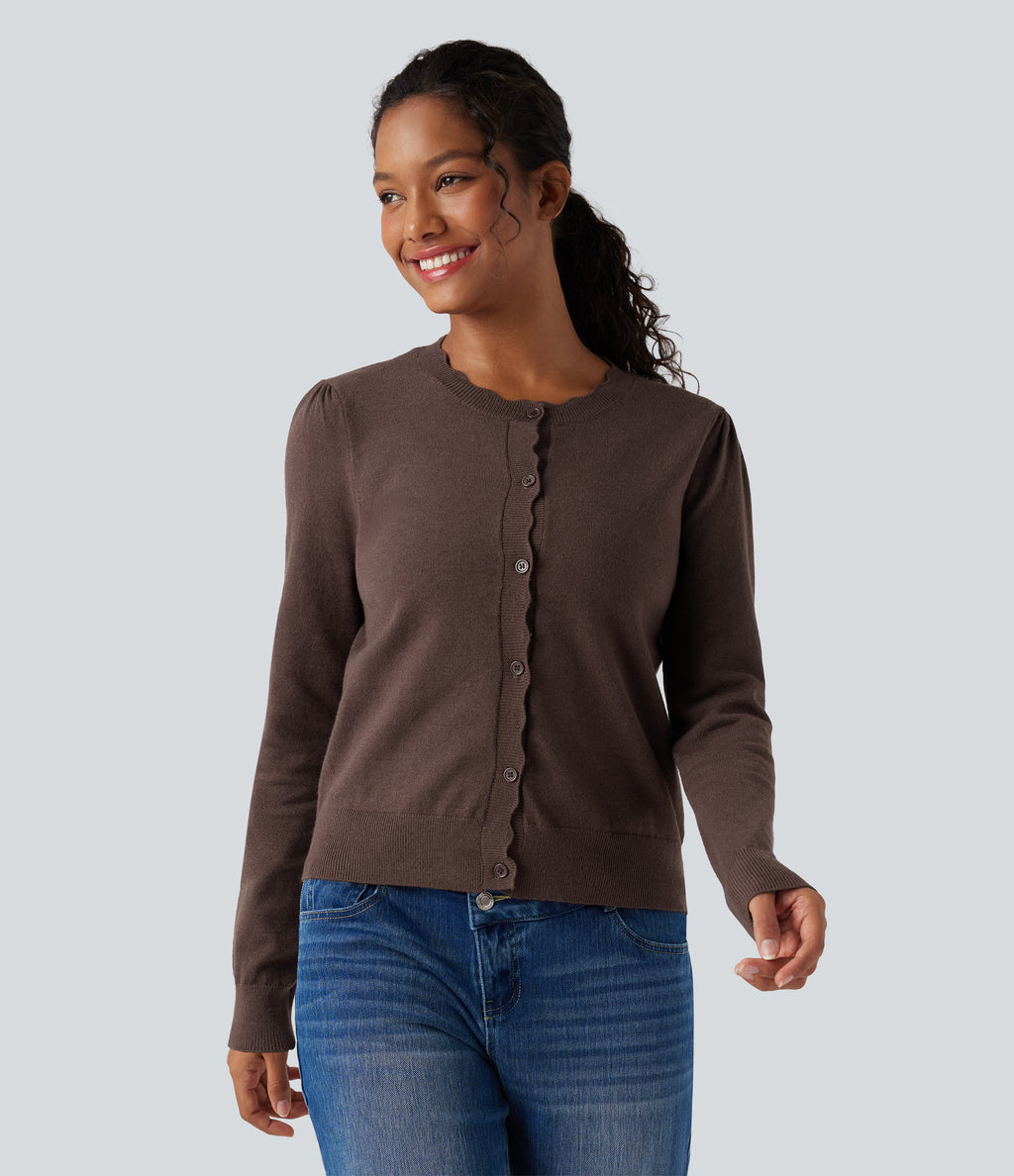 Round Neck Scallop Hem Long Sleeve Casual Cardigan — Deep Mahogany — view 3