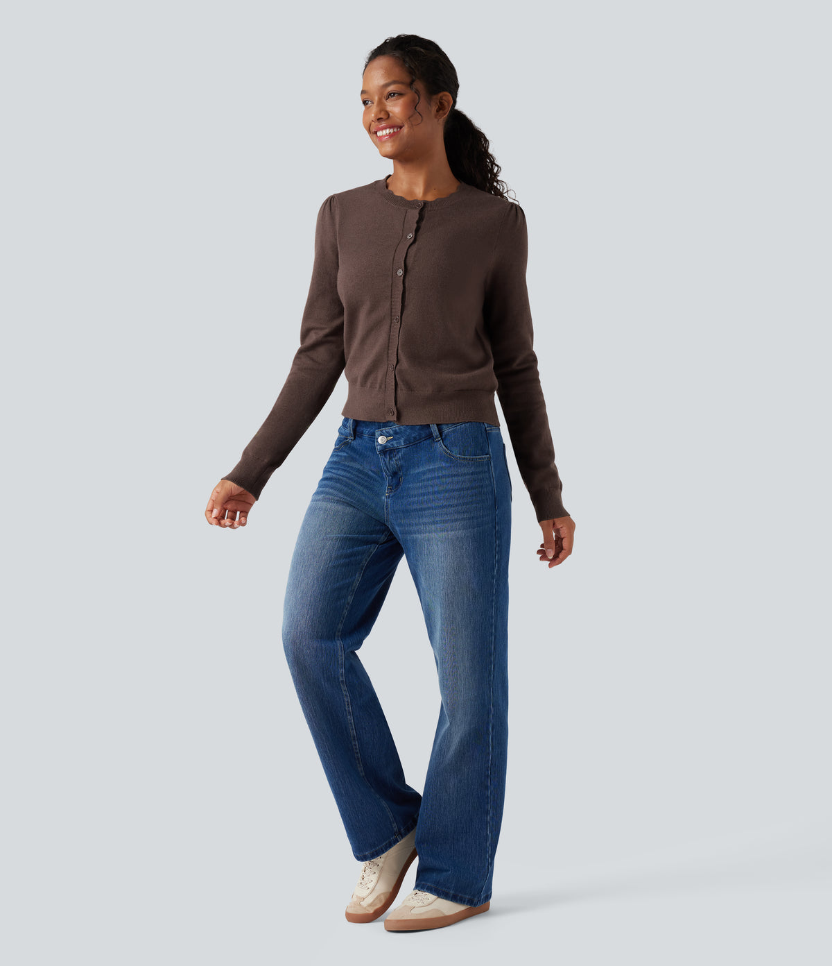 Round Neck Scallop Hem Long Sleeve Casual Cardigan — Deep Mahogany — view 6