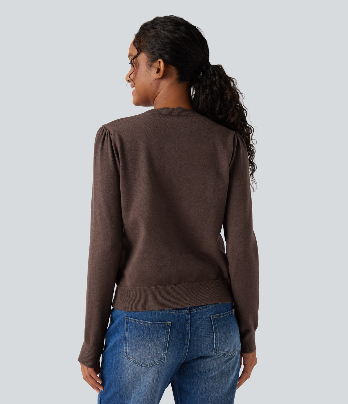 Round Neck Scallop Hem Long Sleeve Casual Cardigan — Deep Mahogany — view 2