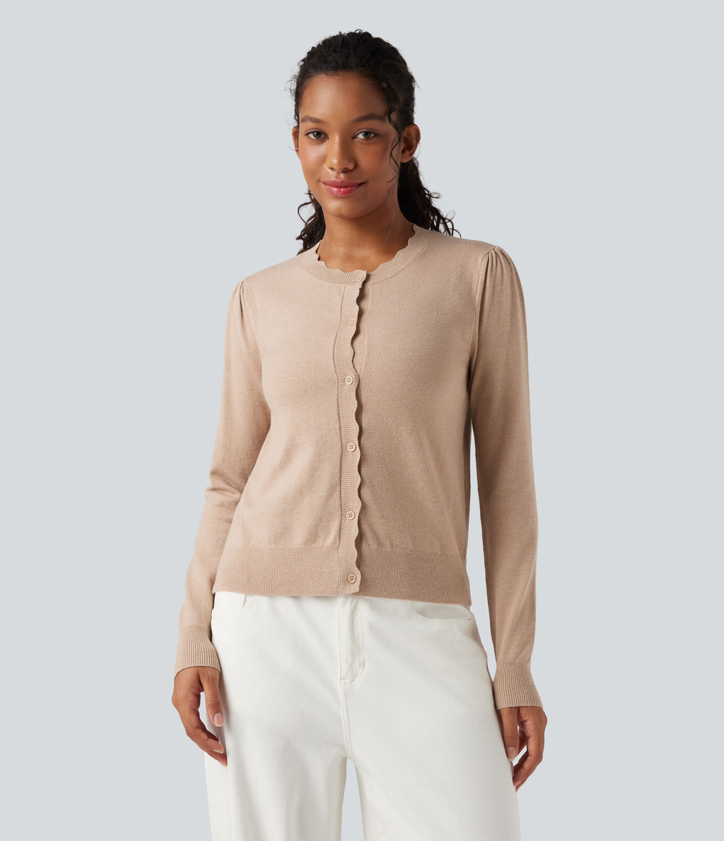 Round Neck Scallop Hem Long Sleeve Casual Cardigan — Frappé — view 7