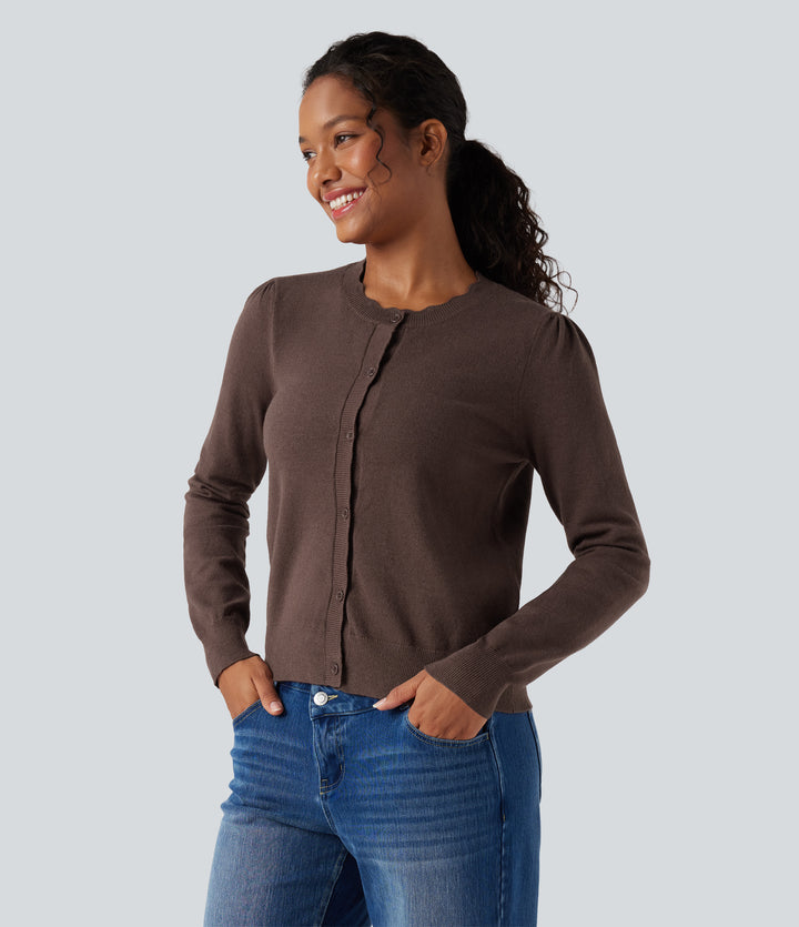 Round Neck Scallop Hem Long Sleeve Casual Cardigan — Deep Mahogany — view 1