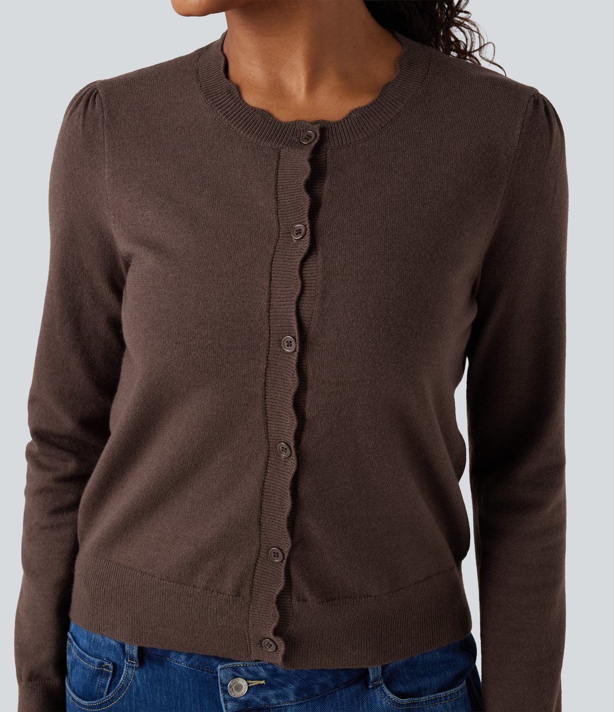 Round Neck Scallop Hem Long Sleeve Casual Cardigan — Deep Mahogany — view 4