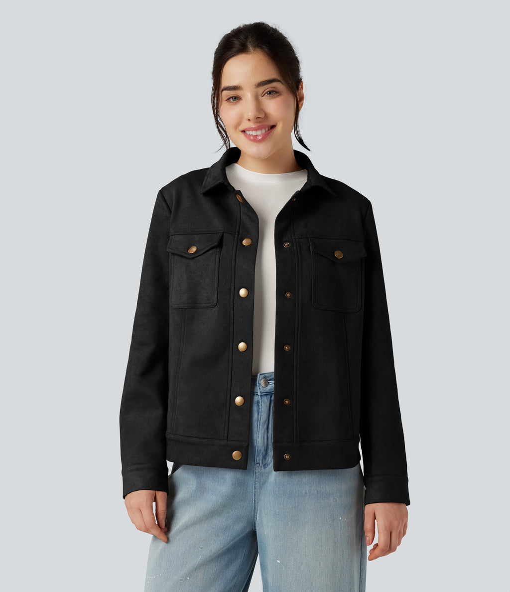 Collar Long Sleeve Casual Suede Jacket with Pockets — Black — view 9