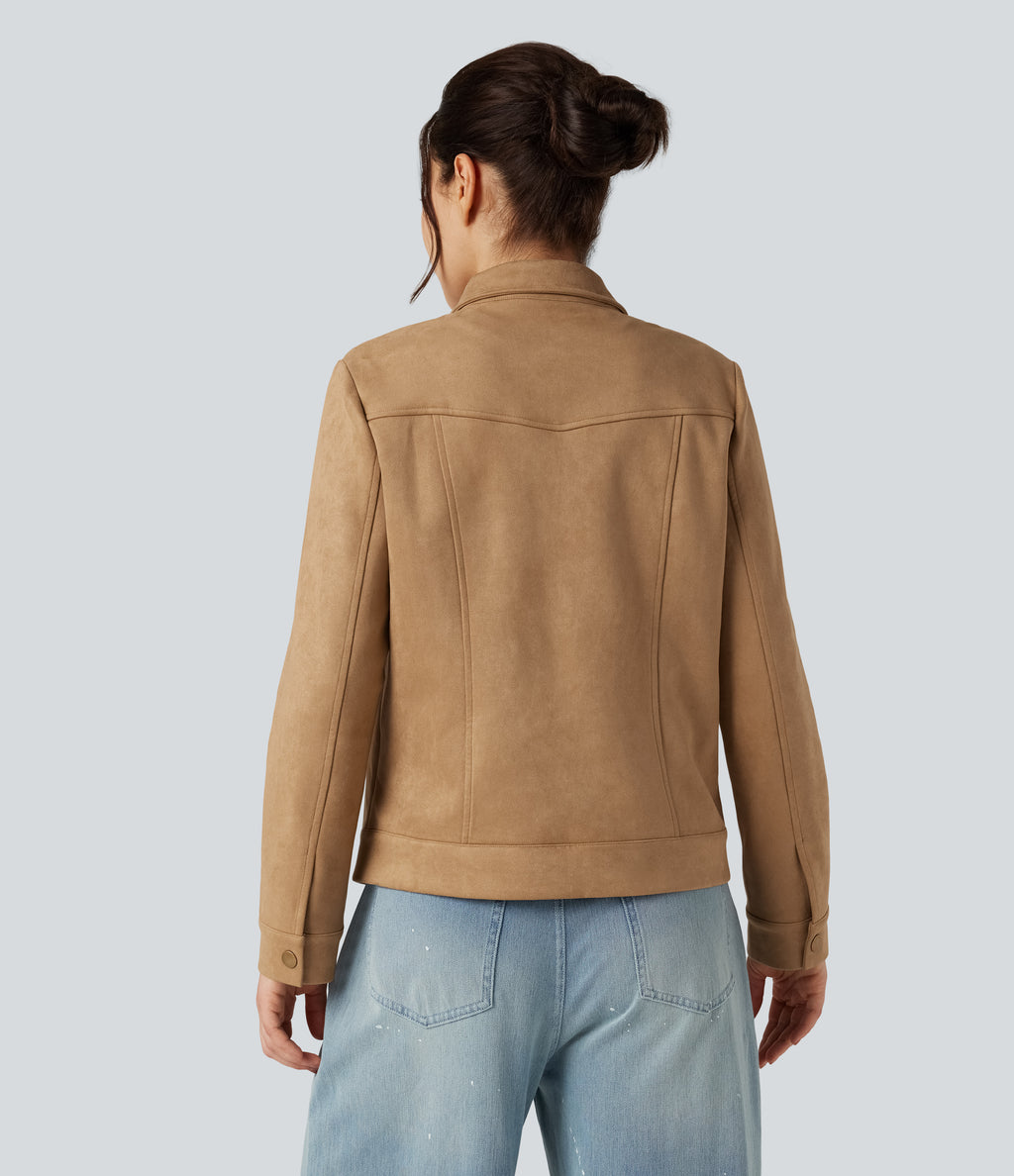 Collar Long Sleeve Casual Suede Jacket with Pockets — Doe — view 2
