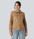 Collar Long Sleeve Casual Suede Jacket with Pockets — Doe — view 7