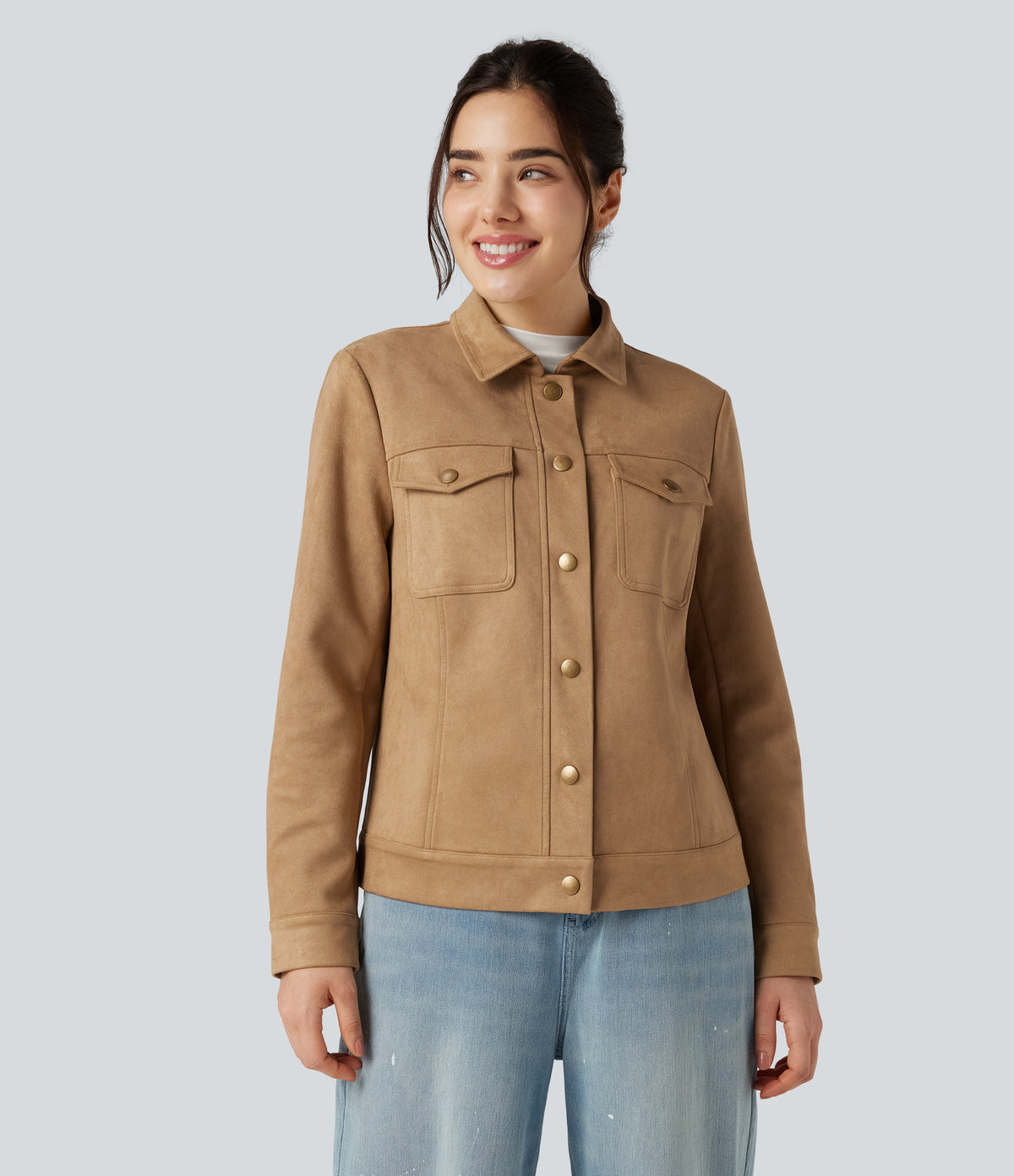 Collar Long Sleeve Casual Suede Jacket with Pockets — Doe — view 7
