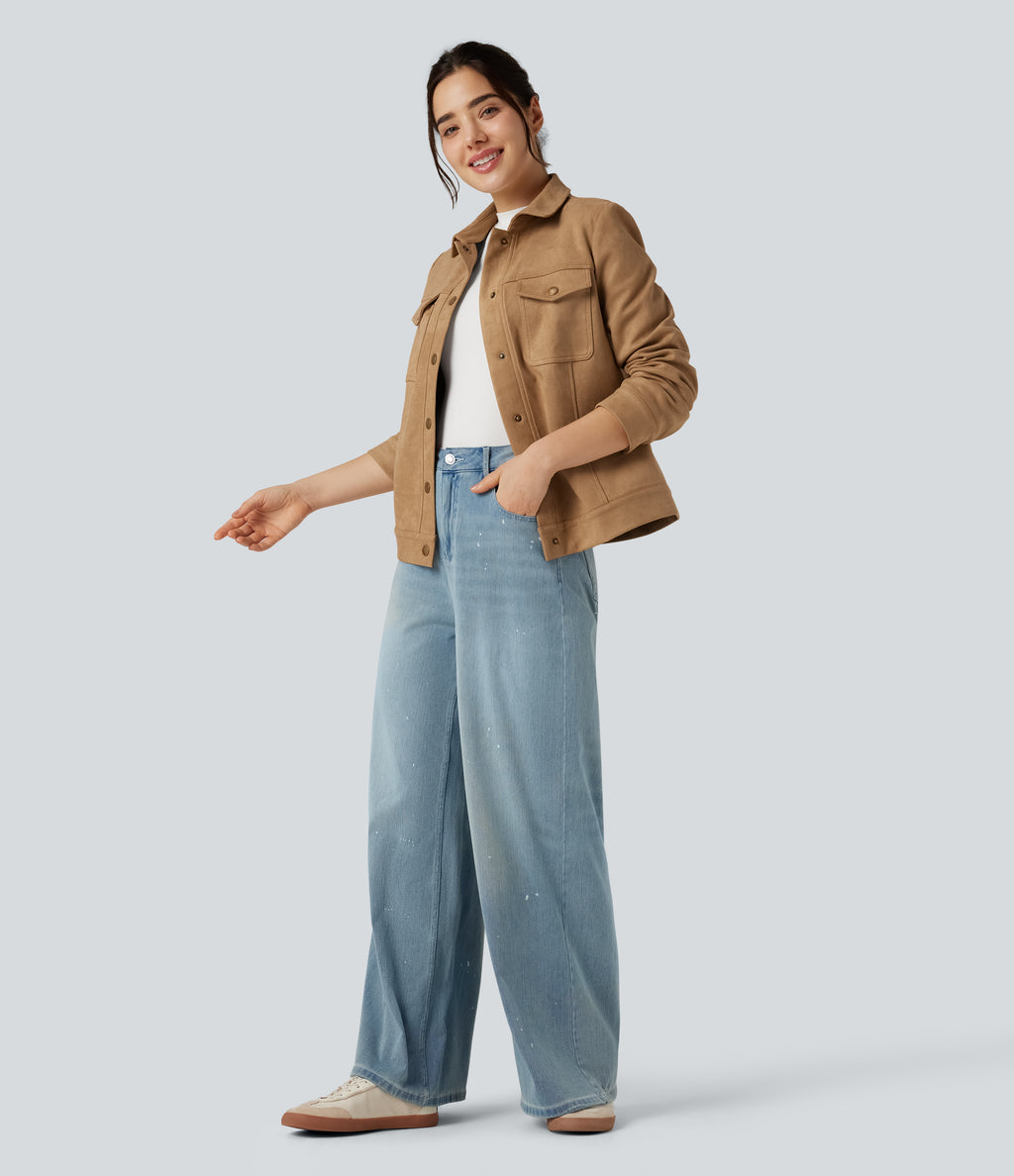 Collar Long Sleeve Casual Suede Jacket with Pockets — Doe — view 8