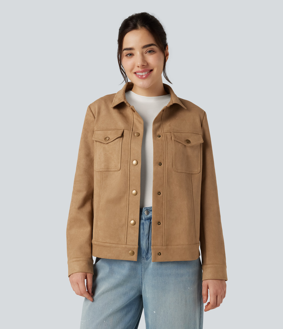 Collar Long Sleeve Casual Suede Jacket with Pockets — Doe — view 3