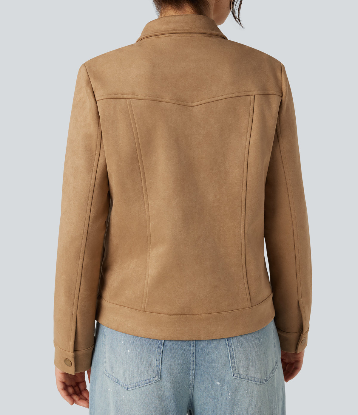 Collar Long Sleeve Casual Suede Jacket with Pockets — Doe — view 5