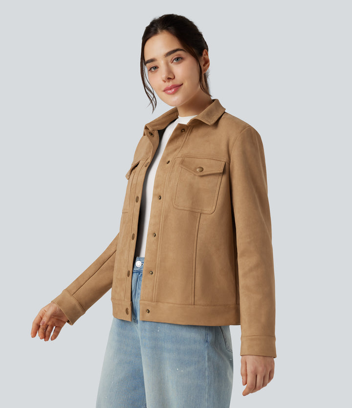 Collar Long Sleeve Casual Suede Jacket with Pockets — Doe — view 1
