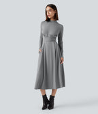 Mock Neck Long Sleeve Midi Work Dress with Pockets — Ultimate Gray — view 1