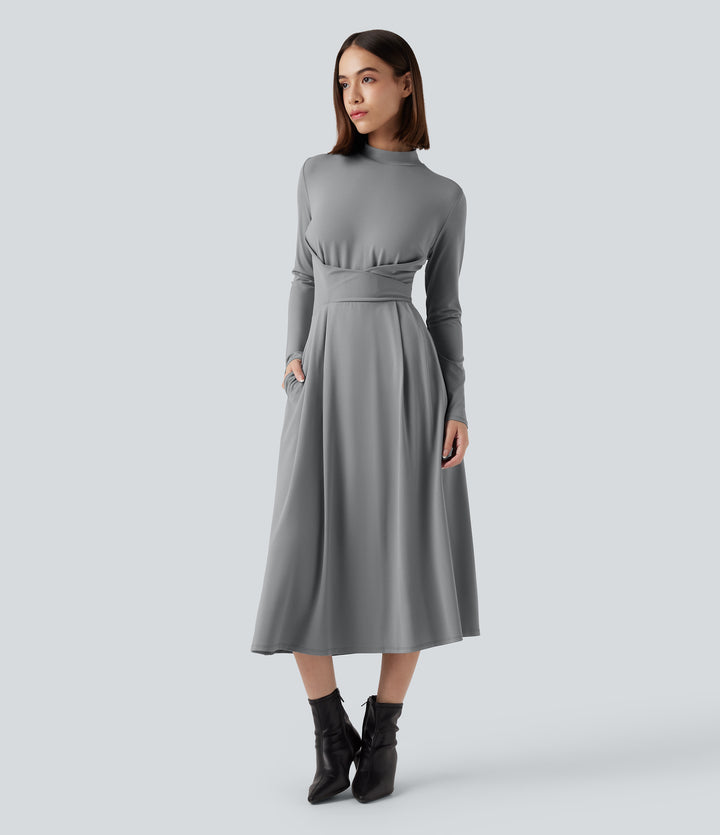 Mock Neck Long Sleeve Midi Work Dress with Pockets — Ultimate Gray — view 1