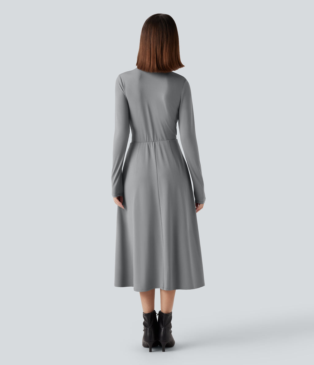 Mock Neck Long Sleeve Midi Work Dress with Pockets — Ultimate Gray — view 2