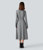 Mock Neck Long Sleeve Midi Work Dress with Pockets — Ultimate Gray — view 2