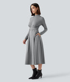 Mock Neck Long Sleeve Midi Work Dress with Pockets — Ultimate Gray — view 3