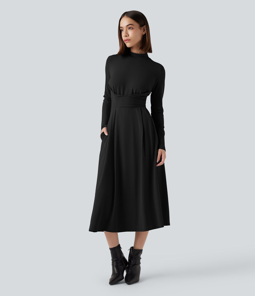 Mock Neck Long Sleeve Midi Work Dress with Pockets — Black — view 6