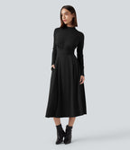 Mock Neck Long Sleeve Midi Work Dress with Pockets — Black — view 6