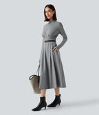 Mock Neck Long Sleeve Midi Work Dress with Pockets — Ultimate Gray — view 5